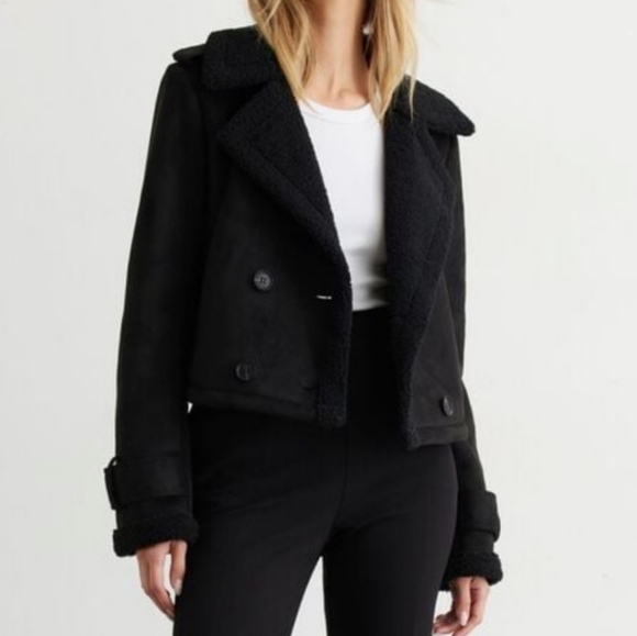 Dynamite Cropped Shearling Peacoat in Black, Size XS - Picture 2 of 10